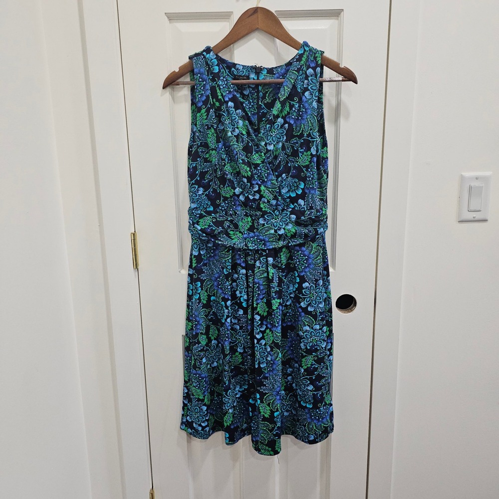 Talbots Petites Blue Green Floral Paisley Faux Wrap Dress 8P Sleeveless Jersey